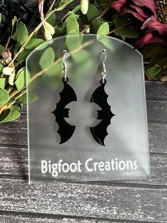 Fun Black bat dangle earring, great for Halloween! Earrings are made from light weight acrylic with settings made from zinc, nickel, and copper free stainless steel.  Our shop offers free shipping on all orders over $35...so head on over and check out our other amazing items at www.Etsy.com/shop/bigfootcreationsmn Themed Black Party Earrings, Nickel Free Themed Black Jewelry, Themed Black Earrings For Party, Black Hypoallergenic Earrings For Halloween, Themed Black Dangle Jewelry, Black Drop Earrings For Halloween, Black Halloween Earrings Gift, Themed Black Dangle Earrings, Gothic Metal Earrings For Halloween