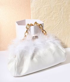 White Satin & Fur Trim Clutch Handbag - Unique Vintage - Womens, ACCESSORIES, HANDBAGS Luxury Faux Fur Evening Bag, Luxury Evening Bags In Faux Fur, Winter Evening Bags In Faux Fur, Rectangular Faux Fur Evening Bag, Winter Evening Bag In Faux Fur, Winter Evening Bags With Faux Fur, Elegant Bags With Feather Trim For Events, Elegant Faux Fur Bags, Elegant Rectangular Faux Fur Bag