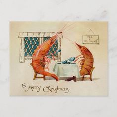 a christmas card with two lobsters eating at a table