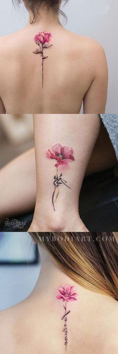 the back of a woman's neck with pink flowers on her left side and behind her