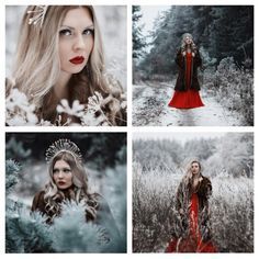 a woman in a red dress and fur coat is standing in tall grass with her hands on her hips