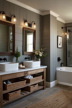 Create a spacious feel in small bathrooms with modern farmhouse ideas! Use open shelving, floating vanities, and light colors to make your space look bigger. Perfect for maximizing style in compact areas. Earthy Farmhouse, Bathroom Ideas For Small Spaces, Coastal Farmhouse Bathroom, Farmhouse Bathroom Inspiration, Floating Vanities, Modern Farmhouse Bathroom Ideas, Industrial Farmhouse Bathroom, Small Farmhouse Bathroom, Grey Painted Walls