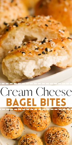 cream cheese bagel bites on a white plate with text overlay that reads, cream cheese bagel bites