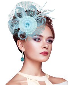 Light Blue Fitted Fascinator For Kentucky Derby, Elegant Light Blue Fascinator For Kentucky Derby, Elegant Turquoise Fascinator For Kentucky Derby, Elegant Light Blue Party Fascinator, French Hats, Organza Veil, Victoria Costume, Spring Blue Feathered Fascinator, Glamour Hair