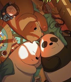 two cartoon pandas cuddle together in the middle of a pile of other animals