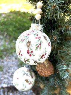 two ornaments hanging from a tree with pine cones