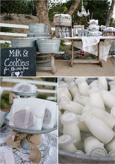 several pictures of milk and cookies on display at an outdoor wedding reception in the country