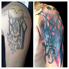 two different tattoos on the back of men's arms, one with an elephant and tree