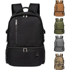 various colors and styles of backpacks with zippers on the front, back and sides