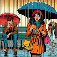 a man and woman sitting on a bench under umbrellas in the rain, one holding a yellow purse