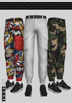 three men's pants with different colors and designs on the bottom, one in camouflage