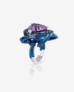 Discover The ReBelles Rocket Girl cocktail ring, set in Blue Titanium on a White Gold shank, with a large central Amethyst. Ethically crafted and designed in Britain by eponymous jeweller, Stephen Webster. Diamonds Purple, Electroplating Jewelry, Stephen Webster Jewelry, Katherine Johnson, Real Diamond Necklace, Country Jewelry, Stephen Webster, Rocket Girl, Bride Jewelry