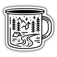 a black and white sticker depicting a camping mug with trees on the side, in front of a mountain range