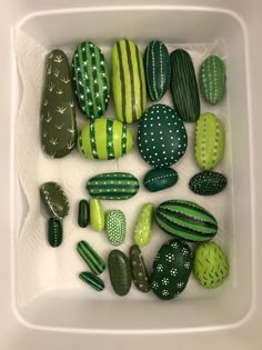 several green and white rocks in a container