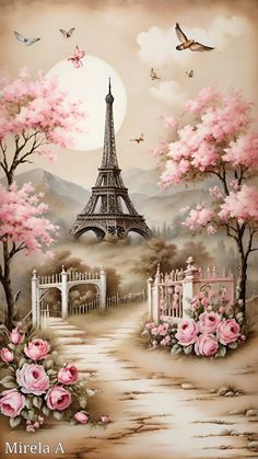 a painting of the eiffel tower in paris with pink flowers and birds flying over it