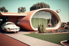 a car is parked in front of a futuristic house