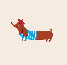 a brown dog wearing a blue and white shirt with a red hat on it's head