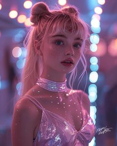 a woman with blonde hair and blue eyes wearing a pink dress in front of lights