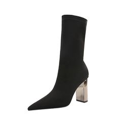 Material: LycraSize: CN34, CN35, CN36, CN37, CN38, CN39, CN40Color: Black, Dark GreenHeight High: 10CMTube Height: 20CMStyle: Sexy, FashionPattern Type: Point Toe, Stretch, Lycra, High, Chunky Heel, Calf BootsOccasion: Winter, Fall, Party, CasualPackage Contents: 1* Shoes, without Accessories. Fitted Black Boots With Metal Feet, Fitted Boots With Metal Feet For Fall, Stretch Boots For Party In Winter, Stretch Boots For Winter Parties, Trendy Fitted Mid-calf Boots For Evening, Stretch High Ankle Party Boots, Stretch High Ankle Boots For Party, Edgy Fitted Boots With Metal Feet, Stretch Boots For Night Out In Winter