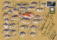 a postcard with an image of fish in blue and white ink on brown paper