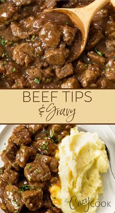 beef tips and gravy on a plate with mashed potatoes