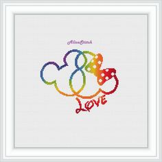 mickey mouse cross stitch pattern with the words love and two hearts in rainbow colors on white background