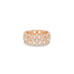 This exceptional 18K rose gold and diamond ring is part of the Enchanted Lotus collection, which draws on the purity of the lotus flower. The band is created in the image of this symbolic bloom. Round brilliant diamonds are encircled by micropavé diamonds, and framed with petals of openwork micropavé. This piece is composed of 301 round brilliant diamonds, with a combined weight of ~1.22 carats. Each one is ethically sourced, selected by eye and meticulously set by De Beers’ team of experts. Diamond Stacks, Diamond Stacking Rings, Gold Sign, White Gold Wedding, Rose Gold Band, Jewelry Images, Eternity Wedding Band, White Gold Band, Emerald Cut Diamonds