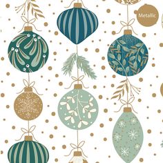 a bunch of ornaments hanging from strings on a white background with gold polka dotes