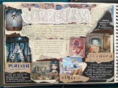 an altered book with pictures and words on it's cover, including the word surreal