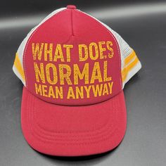 Brand New Snapback Hat From Bubba Shrimp Co. "What Does Normal Really Mean?". Adjustable. Casual White Trucker Hat With Letter Print, Novelty Red Baseball Cap One Size, Fun Red Trucker Hat With Letter Print, Novelty Red Trucker Hat, Trendy Red Trucker Hat With Letter Print, Red Trucker Hat With Letter Print For Sports, Casual Red Trucker Hat With Letter Print, Bubba Shrimp, Bubba Gump Shrimp