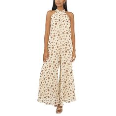 This MSK jumpsuit features a wide leg, halter neck, and neutral print. This flowy jumpsuit is effortlessly chic but sure to turn heads. Machine Washable. Size: XL.  Color: Off-White.  Gender: female.  Age Group: adult. Chic Beige Strapless Jumpsuit For Summer, Chic Flowy Floral Jumpsuits And Rompers, Chic Flowy Jumpsuits And Rompers With Floral Print, Beige Strapless Jumpsuit For Summer, Chic Flowy Jumpsuits And Rompers For Vacation, Chic Floral Print Strapless Jumpsuit For Summer, Chic Strapless Floral Print Jumpsuit For Summer, Chic Sleeveless Flowy Jumpsuits And Rompers, Halter Neck Strapless Jumpsuit For Spring Vacation