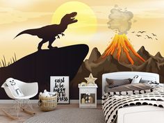 a bedroom with a dinosaur mural on the wall