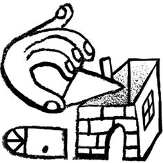 a black and white drawing of a hand grabbing something out of a box that is on top of a house