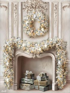 a fireplace decorated with christmas decorations and presents