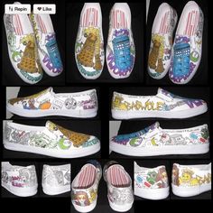 several pairs of shoes with cartoon characters painted on the upper and lower part of them