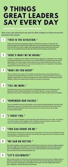 a green poster with the words 9 things great leaders say every day