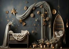 a bedroom decorated with gold stars and hanging decorations on the wall, along with candles