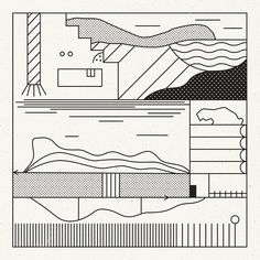 a black and white line drawing of mountains, water, and clouds with lines on them