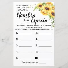 a sunflower bridal guess card with the words, where was samantaa?