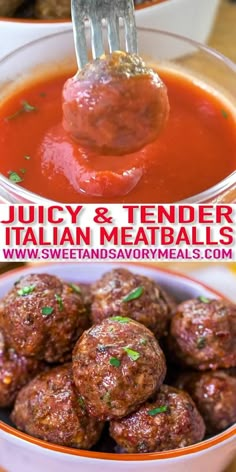 meatballs with tomato sauce in a bowl and on a fork being held over them