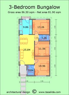 the floor plan for three bedroom apartment with 3 beds and an attached kitchen area,