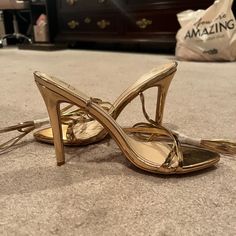 Gold Sandals. Never Worn Adjustable Gold High Heels, Adjustable Gold Heels For Spring, Trendy Gold Sandals With Wrapped Heel, Miss Lola, Gold Sandals, Strappy Sandals, Shoes Women Heels, Shoes Heels, Women Shoes