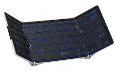 a black and blue keyboard with two keys on the back side, showing the bottom part