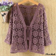 Olivia Mark - Knitted Cotton Sun Protection Loose Cardigan Camisole Air-conditioned Shawl Hollow Out Uniform Accessories, Knit Shrug, Loose Cardigan, Floral Crochet, Knitted Coat, Knitting Ideas, Cardigan Top, Dress Shirts For Women, Cardigan Sweaters For Women