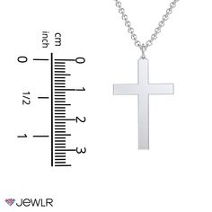 A spiritual reminder of faith, personalize this classic cross pendant with a unique engraving for a meaningful gif, perfect for a special occasion. This necklace will be handcrafted in your choice of sterling silver or solid gold and includes a pick of matching chains. Tarnish Resistant Sterling Silver Cross Jewelry, Stainless Steel Cross Pendant Necklace For Faith, Sterling Silver Cross For Anniversary, Classic Engraved Crucifix Necklace, Sterling Silver Cross Charms For Anniversary, Classic Engraved Crucifix Jewelry, Sterling Silver Cross Jewelry For Anniversary, Sterling Silver Cross Pendant Necklace For Anniversary, Classic Sterling Silver Cross Charm