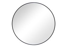 a round mirror on a white background with black trim and an oval shape, in the middle