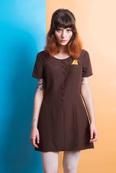 1960s Mod brown Dress mini 70s scooter suedehead Custom made Fitted Retro Mini Dress With Buttons, Retro Brown Dress For Fall, Brown Fitted Mini Dress With Short Sleeves, Vintage Mini Dress With Buttons For Work, Vintage Mini Dress For Work, Vintage Fitted Brown Mini Dress, Vintage Mini Dress With Buttons For Fall, Retro Mini Dress For Fall Workwear, Brown Fitted Vintage Mini Dress