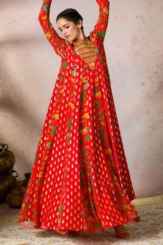 Red anarkali with tropical print and embroidered yoke. Paired with a dupatta with sequin and thread embroidered border. - Aza Fashions Anarkali Style Meenakari Kurta, Red Anarkali Set With Straight Kurta For Puja, Red Resham Embroidery Kurta Maxi Length, Red Maxi Length Kurta With Resham Embroidery, Floor-length Meenakari Dresses For Festivals, Traditional Navratri Dress With Meenakari, Traditional Meenakari Dress For Navratri, Anarkali Meenakari Floor-length Dress, Red Traditional Wear With Printed Motifs For Navratri