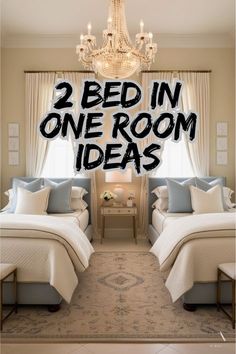 two beds in one room with chandelier above them and the words, 2 bed in one room ideas