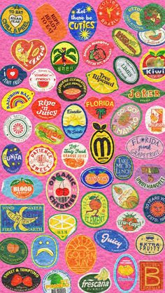 a pink background with many different types of stickers on the back of each one